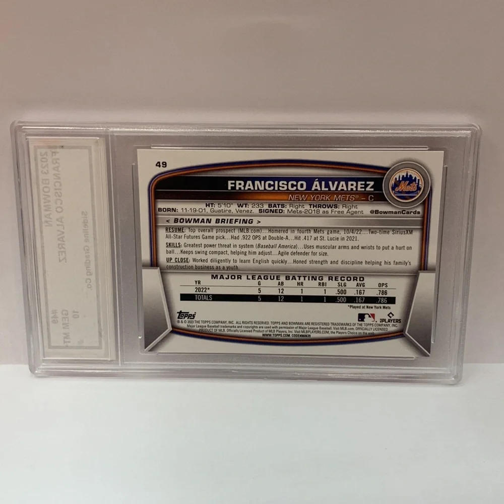 2023 Bowman Francisco Alvarez Mets #49 Graded Gem Mint 10 (MISC8)